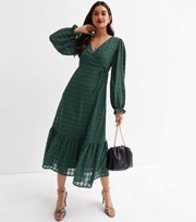New Look Dark Green Check Seersucker Tiered Midi Wrap Dress